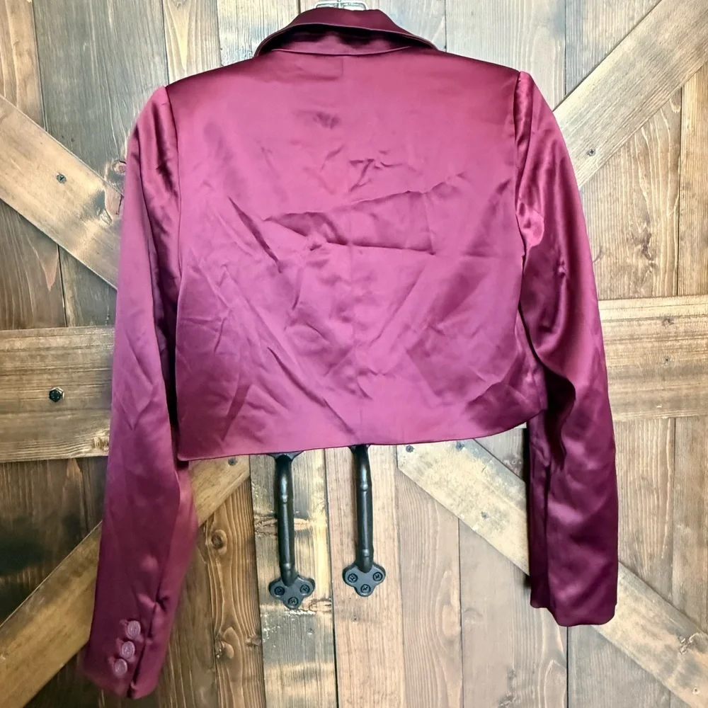 NWT House of Harlow 1960 Satin Crop Burgundy Wine Jacket Blazer Size XS